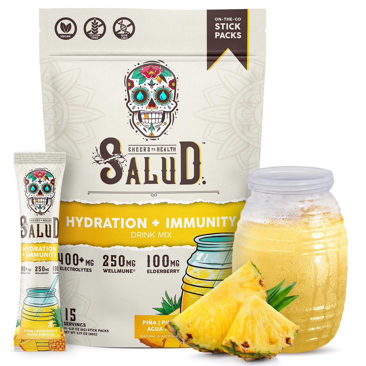Salud Sobres Hidratantes 2-en-1 + Electrolitos Inmunitarios en Polvo Sabor Piña